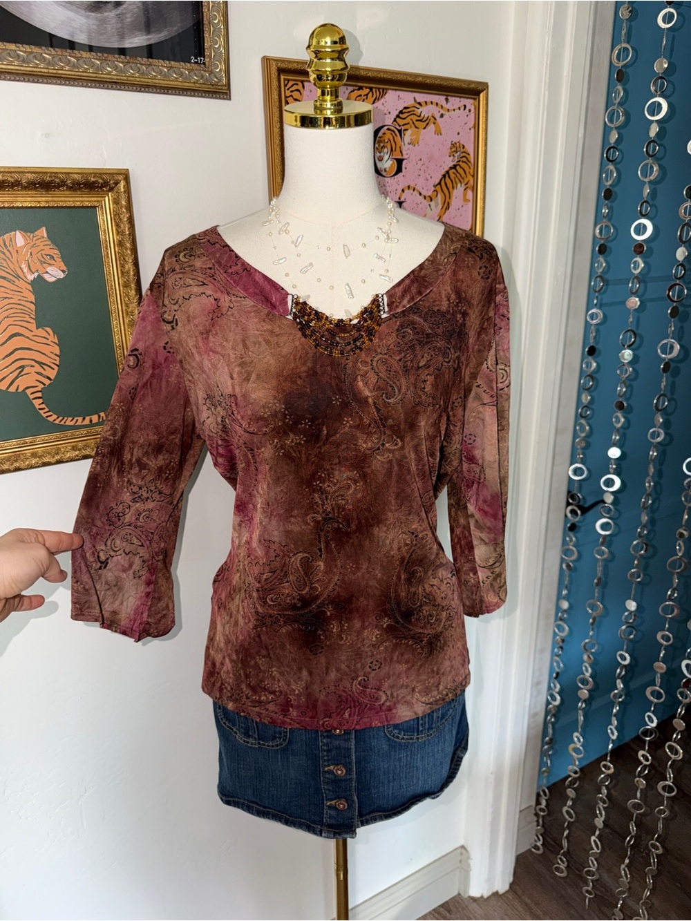 Vintage Y2K Women’s Paisley Blouse in Burgundy Brown
